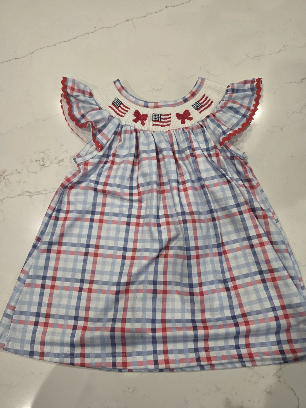 Girls Patriotic Red & Blue Plaid Smocked Dress